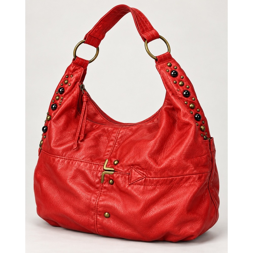 Vintage Y2K BUENO Red Hobo Shoulder Bag Studded Faux Leather Brass Hardware